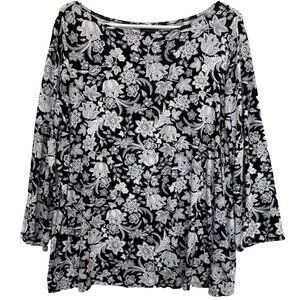 J Jill Wearever Womens Floral Top Sz L 3/4 Sleeve Pullover Dark Romantic Career